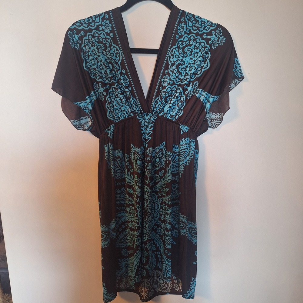 Modern Kiwi Brown Turquoise Paisley Mandala V-Neck Empire Waist Mini Dress